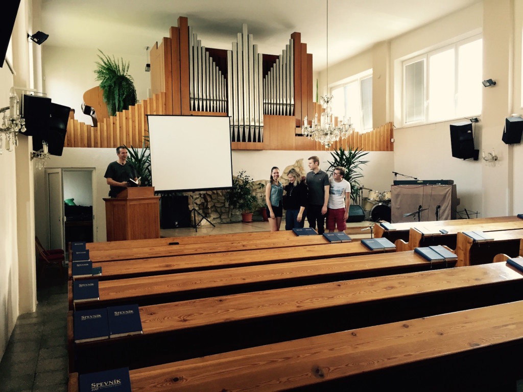 Inside the Sinko’s church, with Pavel at the pulpit