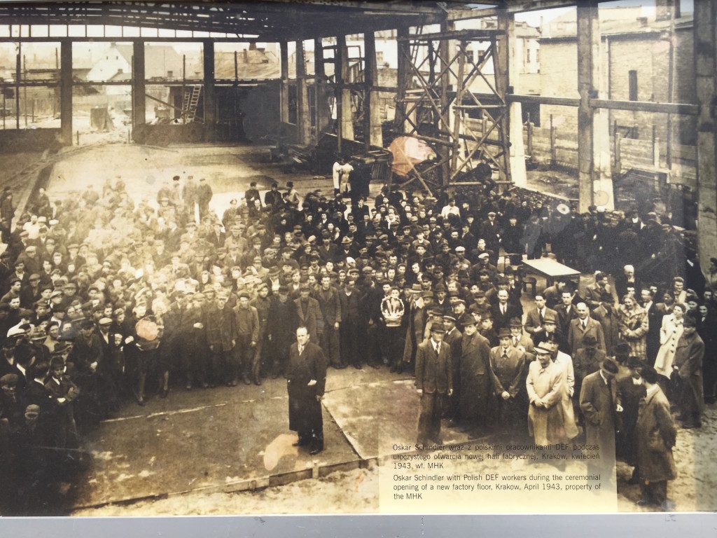 Oscar Schindler, pictured with his Jewish employees at their factory in Krakow. Famously, Schindler paid German authorities not to deport his workers to Auschwitz.